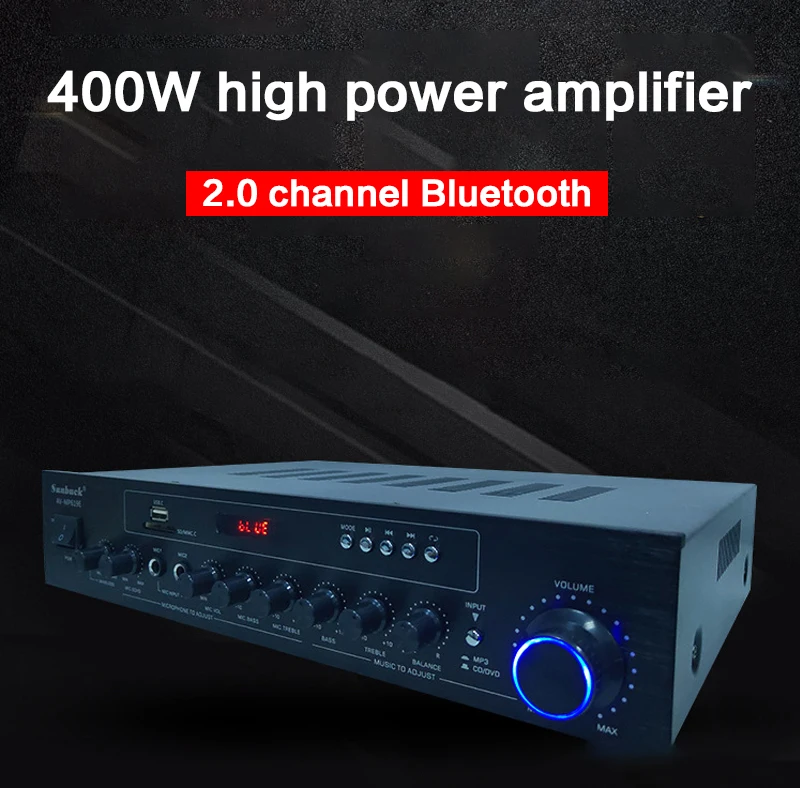 

KYYSLB 220V 200W*2 4-16 Ohm AV-619E 2.0 Channel Bluetooth Power Amplifier Dual Wireless Wheat Card U Disk Radio Home Amplifier