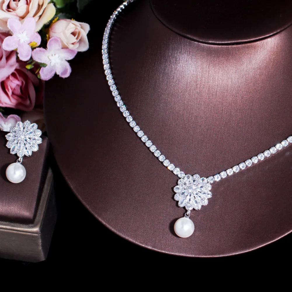 CWWZircons Gorgeous Cubic Zirconia Flower Drop Women Wedding Party Pearl Necklace Earrings Fashion Bridal Jewelry Sets Gift T603