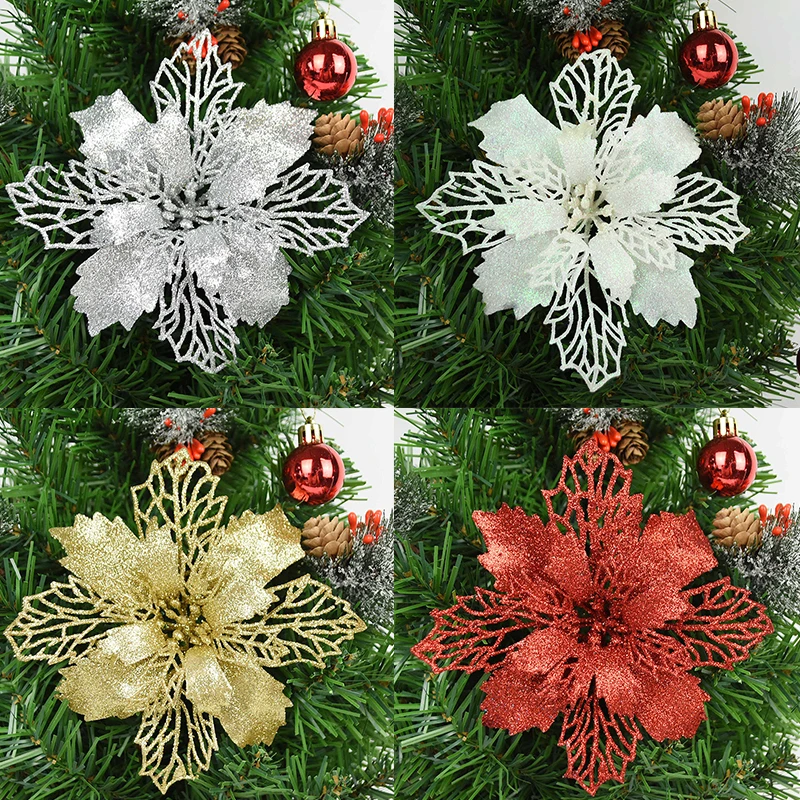 

10pcs 9/11/16cm Hollowed Artificial Christmas Flowers Glitter Poinsettia Head Xmas Tree Decorations Gold Red Rose for Home Decor