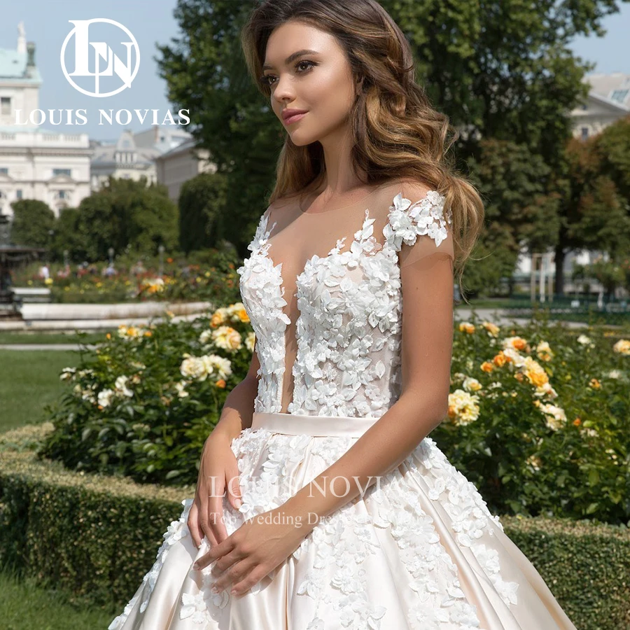 LOUIS NOVIAS vestido De baile De satén Vestidos De Novia para mujer De lujo exquisito vestido De Novia rebordear flores manga casquillo Vestidos De Novia