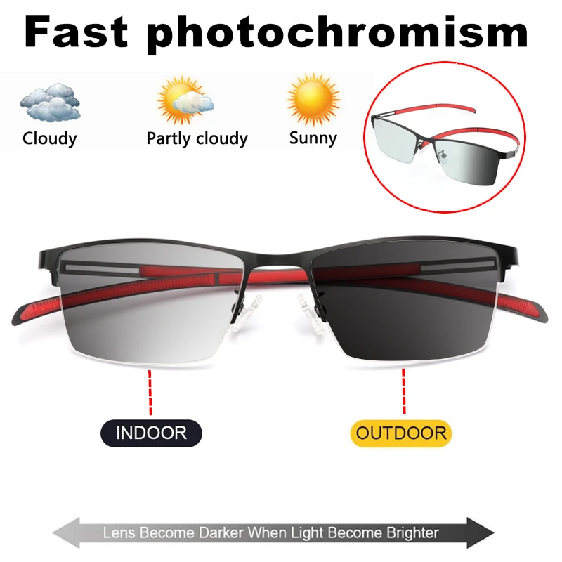 

Fashion Business Style Transition Photochromic Reading Glasses Men Half-Frame Ultralight Presbyopia Eyewear Diopter +0 To +4.0