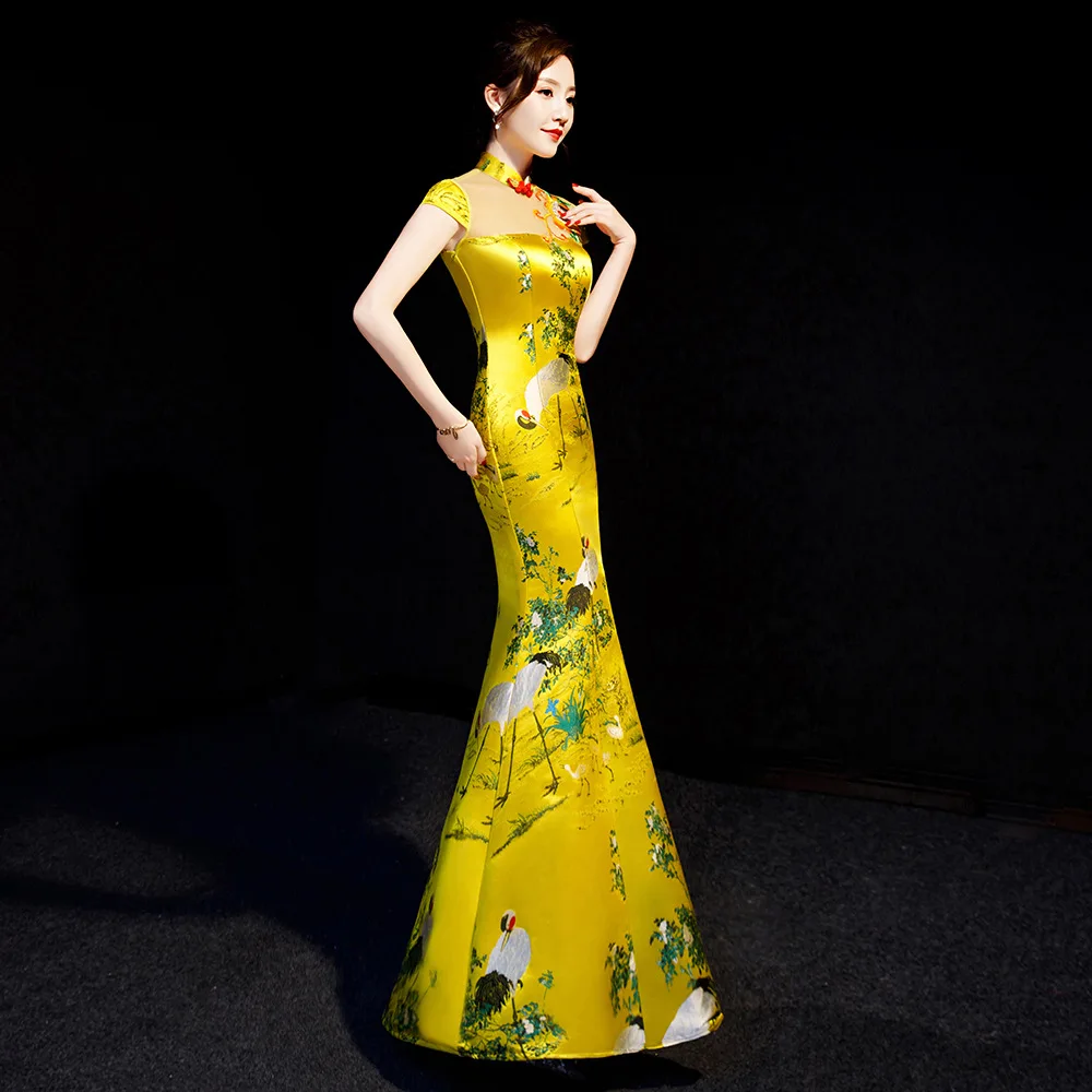 chinese dress ladies Short Sleeve Rainbow Cheongsam Mermaid Chinese Dress Full of Sequins Colorful / M main image 0
