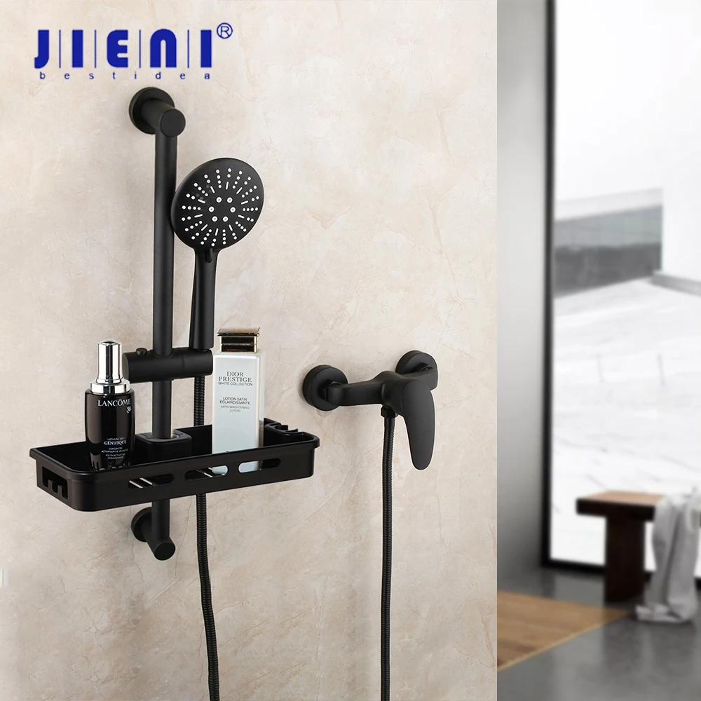 JIENI Matte Black Bathtub Shower Faucet Solid Brass Bathroom Bathtub Shower Faucets Mixer Tap W/ Hand Spray Shower & Shelf