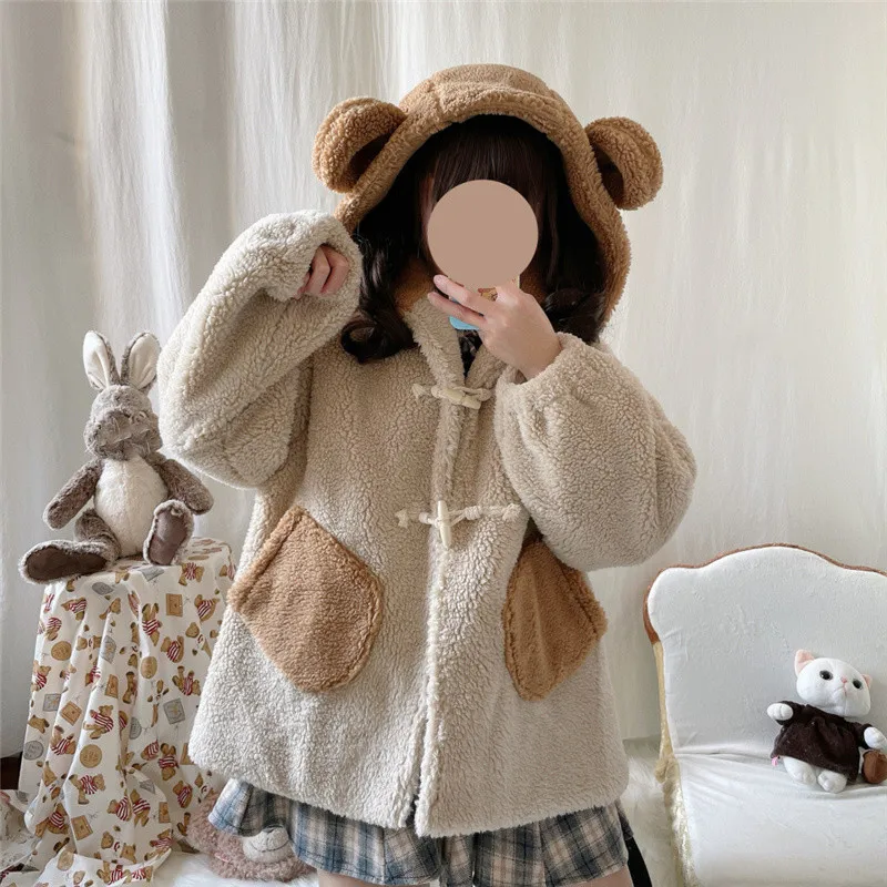 

Winter Kawaii Ears Women Teddy Coat Soft Girls Cute Lolita Faux Fur Jacket Vintage Plush Warm Outerwear Female Brown Overcoat