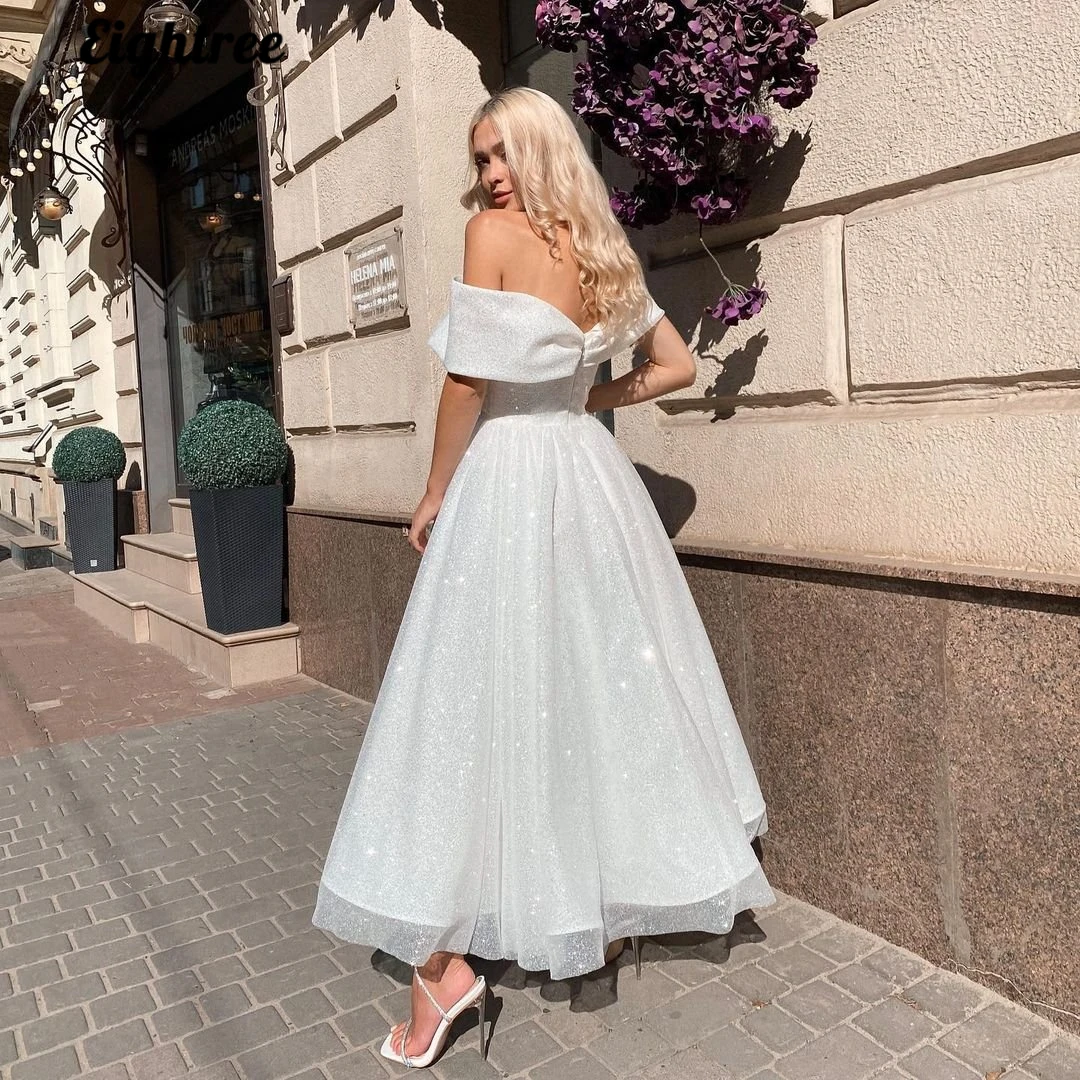 Eightree White Wedding Dresses 2022 Glitter Off The Shoulder Bridal Dress Sexy Tea Length Floor Length Wedding Gowns Plus Size