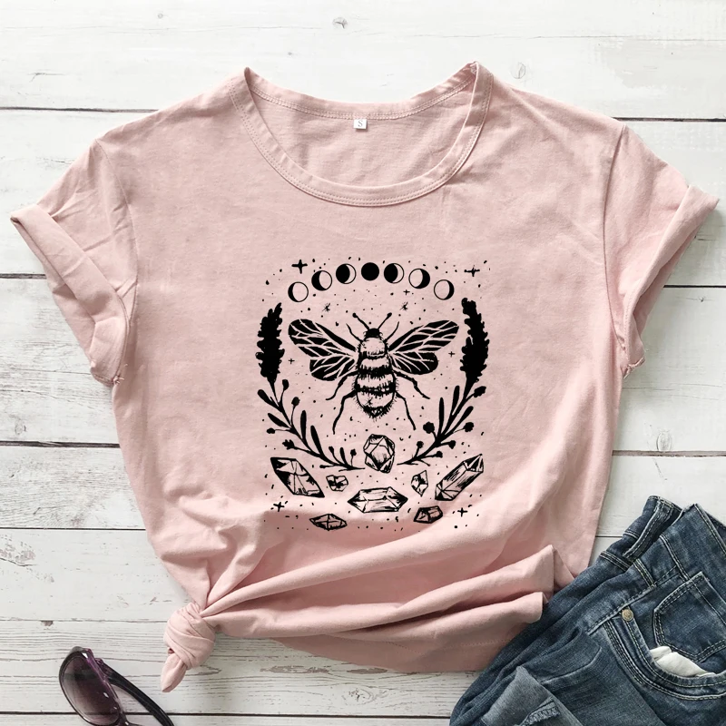 Mystical Honey Bee Moon Phases T-shirt Aesthetic Women Astrology Hippie Top Tee Shirt Vintage Boho WItch Gothic Tshirt