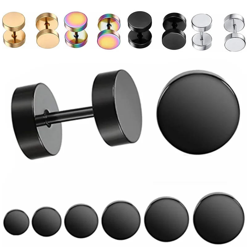 Stainless Steel Barbell Stud Earring For Men Women 3-14mm Black Earrings For Men Stud Punk Gothic Fake Ear Gauge Earring Stud