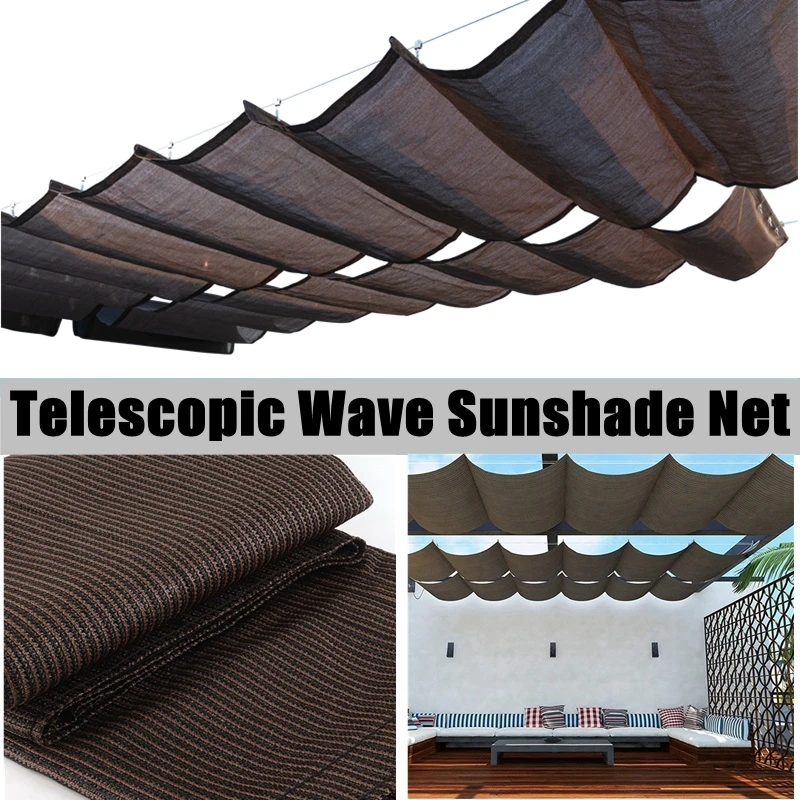 Custom-Tailor Coffee Brown Retractable Sunshade Net Beautiful Patio Pavilion Telescopic Wave Sails Outdoor Swimming Pool Awning