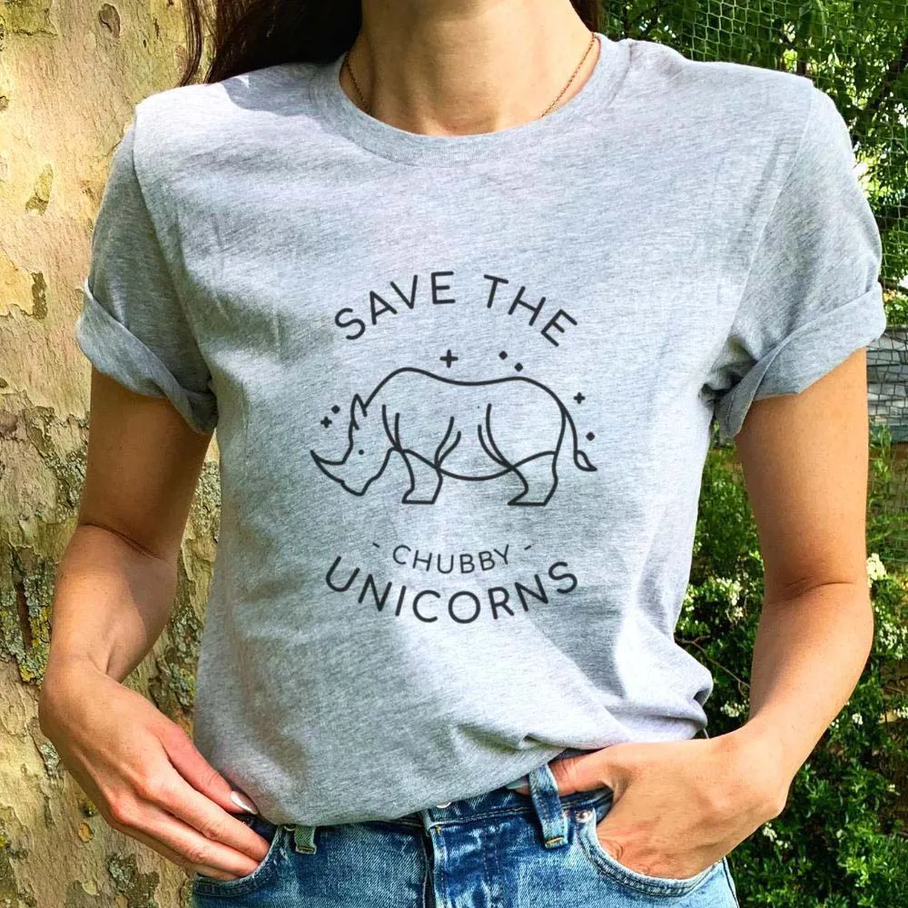 Sugarbaby Save The Chubby Unicorns Funny T Shirts Women Causal Summer Grey T Shirt Girl Tops Cotton O Neck Graphic Tees Kawaii