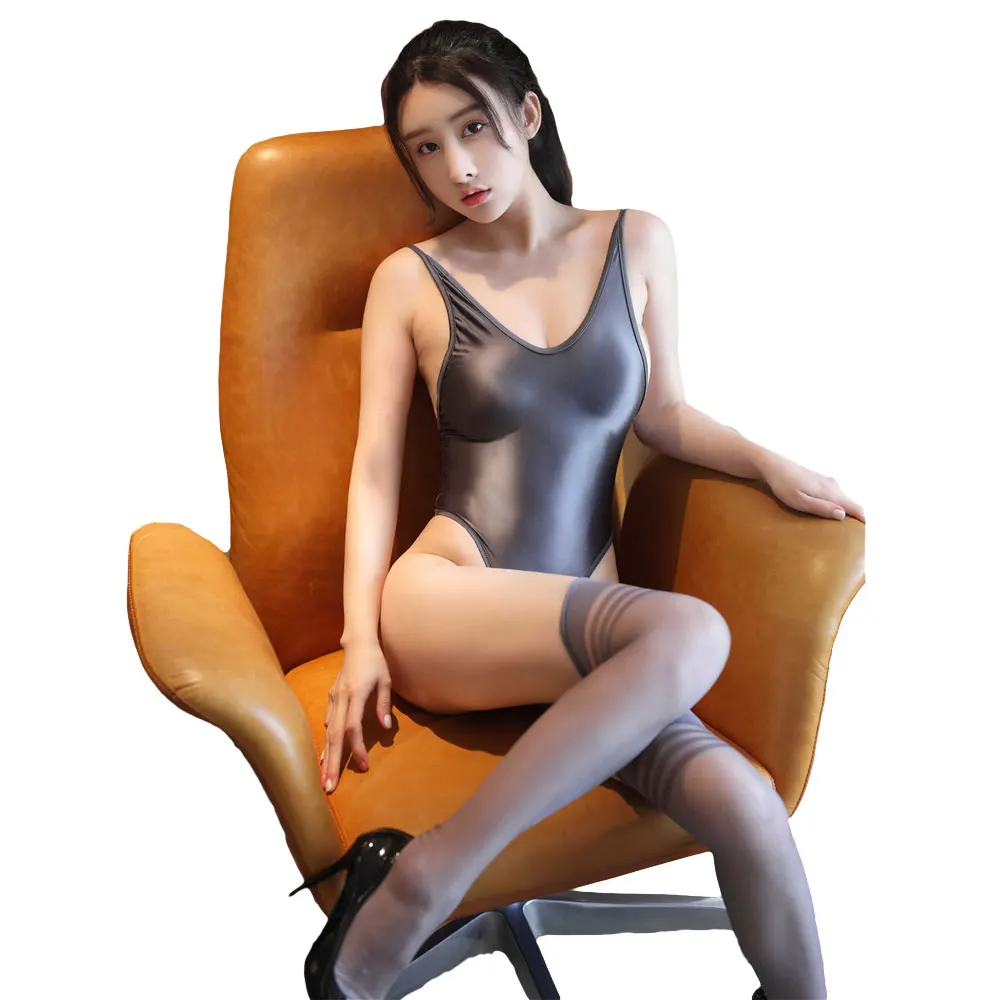 Sexy Women Cosplay Oil Glossy High Cut Bodysuit See Through Shiny Shapping Backless One Piece Thong Sexy Tight With Stockings F1