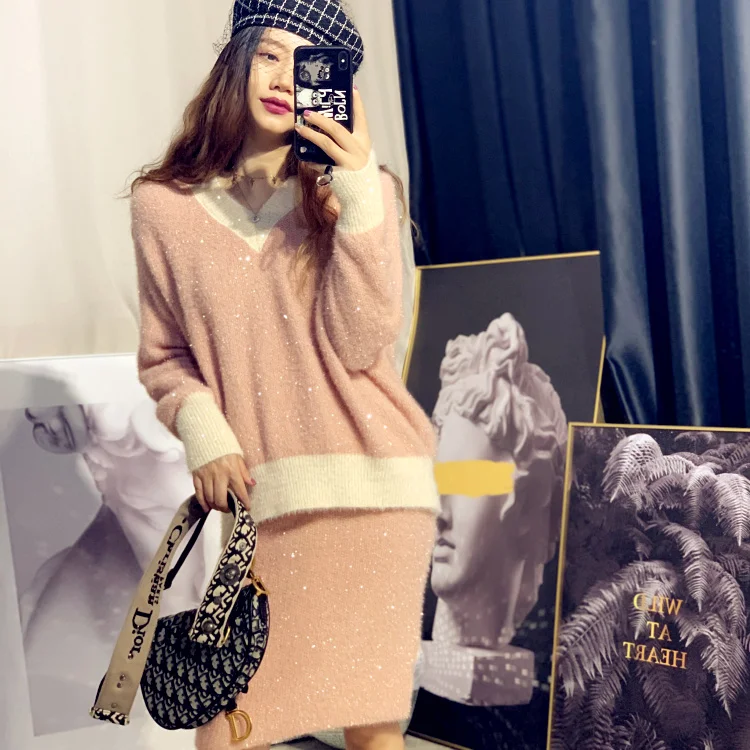 Cakucool Chic Shiny Lurex Sweater Women Bling V neck Loose Designer Jumper Slim Color Patch Korean Cute Thick Sweaters Female