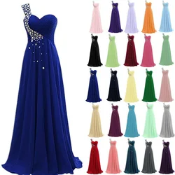 Una linea Chiffon perline piega una spalla lunghezza del pavimento elegante abiti da damigella d'onore festa nuziale formale Prom corsetto da sera indietro