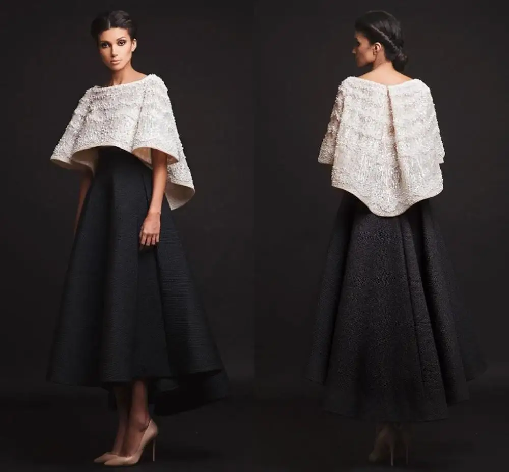 Vestido Krikor Jabotian, Comprimento do tornozelo, Meia manga, Vestidos de baile com jaqueta, Vestidos Formais, Preto, Branco, 2 peças