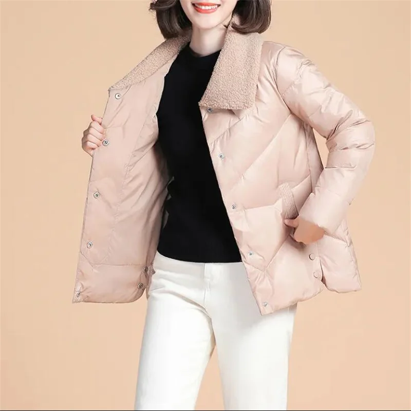 

Lambswool Collar Cotton Jacket For Women's Short Coat Autumn Winter Warm Coat Windproof Parka Lady Ultralight Down cotton Jacket