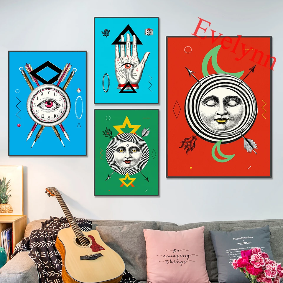 The Sun Tarot Card Art Posters Moon Clock Hypnotic Flower Hand Unlocker Tarot Card  Home Decor Canvas Wall Art Prints Gift