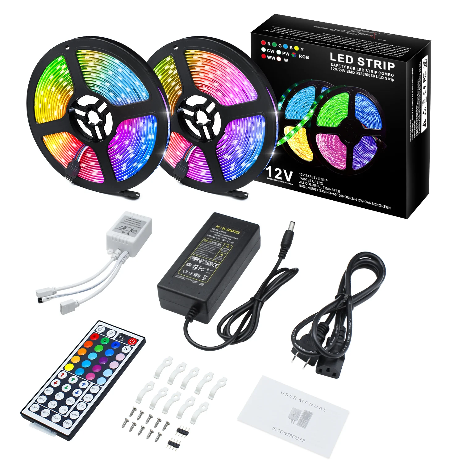 

32.8Feet (10Meters) in 2 Rolls of SMD5050-150 RGB LED Strip Light Kit with 44-Key Remote Control and 12V Adapter Power Supply