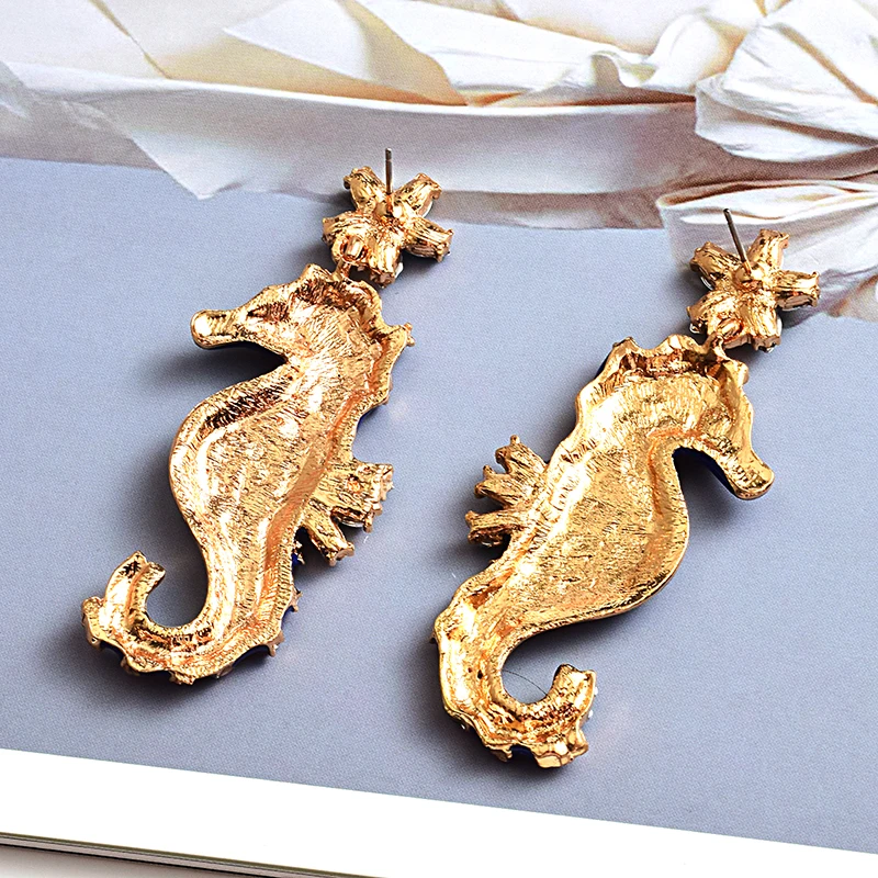 New design Long Seahorse shaped earrings High-quality Metal oiled crystals Drop earring Fashion Jewelry Accessories For Women