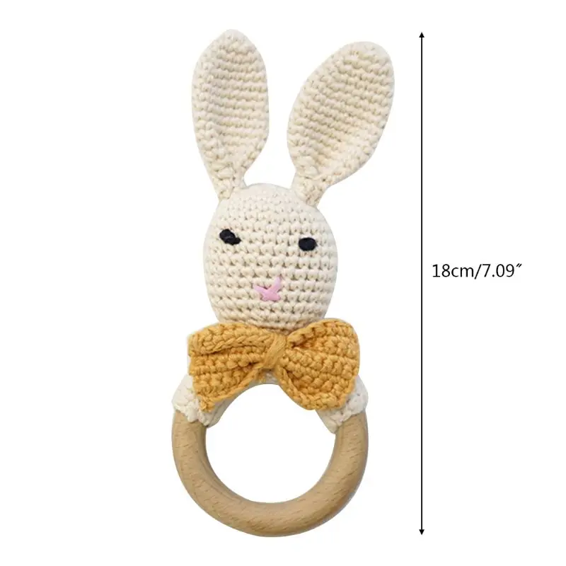Baby Wooden Teether Ring DIY Crochet Bunny Rattle Cotton Dog Soother Bracelet Infant Teething Molar Play Toys