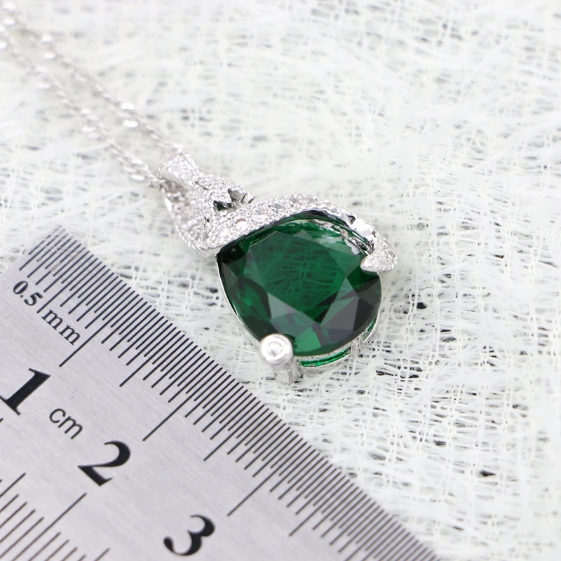 Silver 925 Water Drop Pendant Necklace for Women Wedding Accessories Green Cubic Zirconia White Crystal