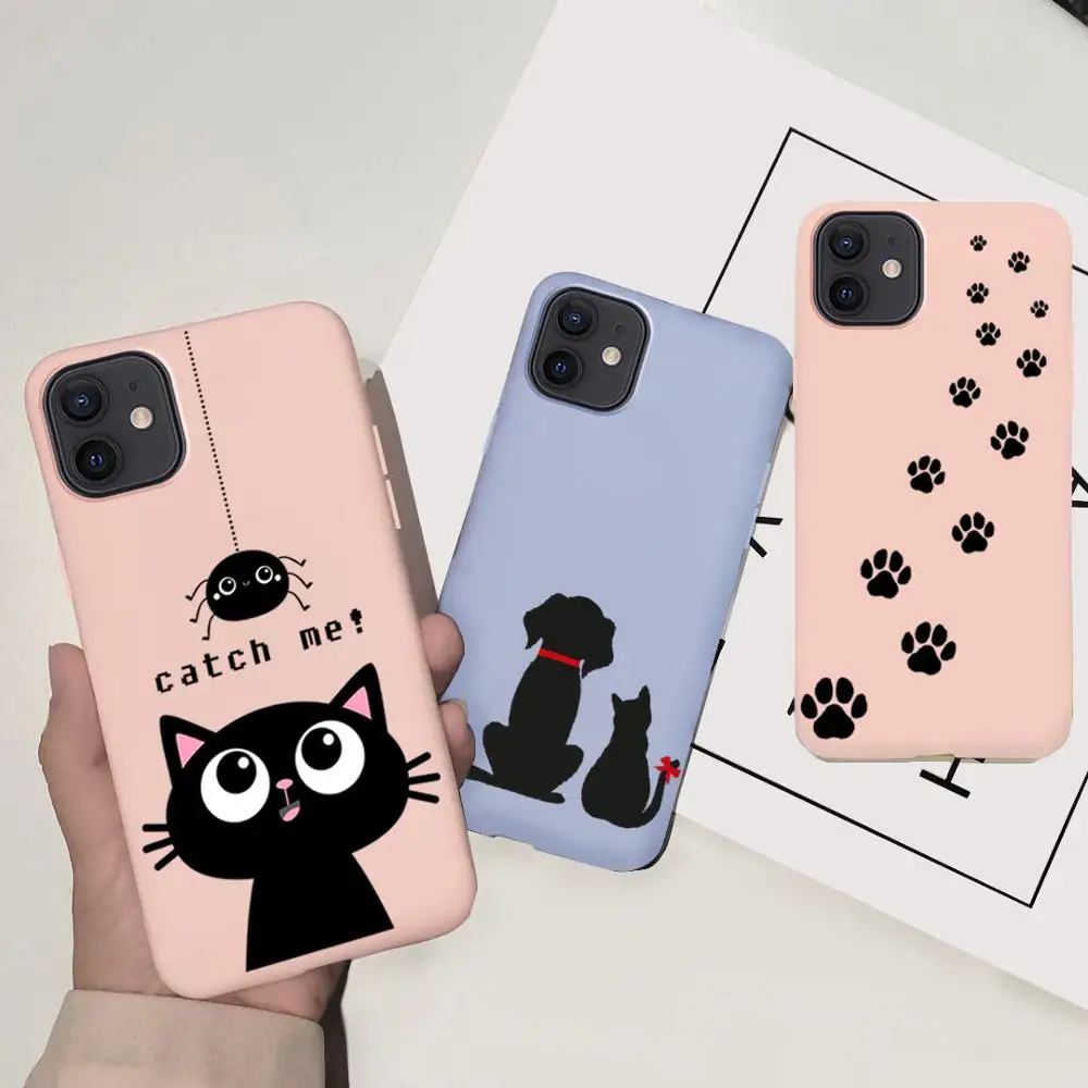 Cartoon TPU Silicone Phone Case for IPhone 12 SE 11 Pro X XS MAX XR 8 7 6s Plus 5 5s Cute Little Black Cat Cases Back Cover