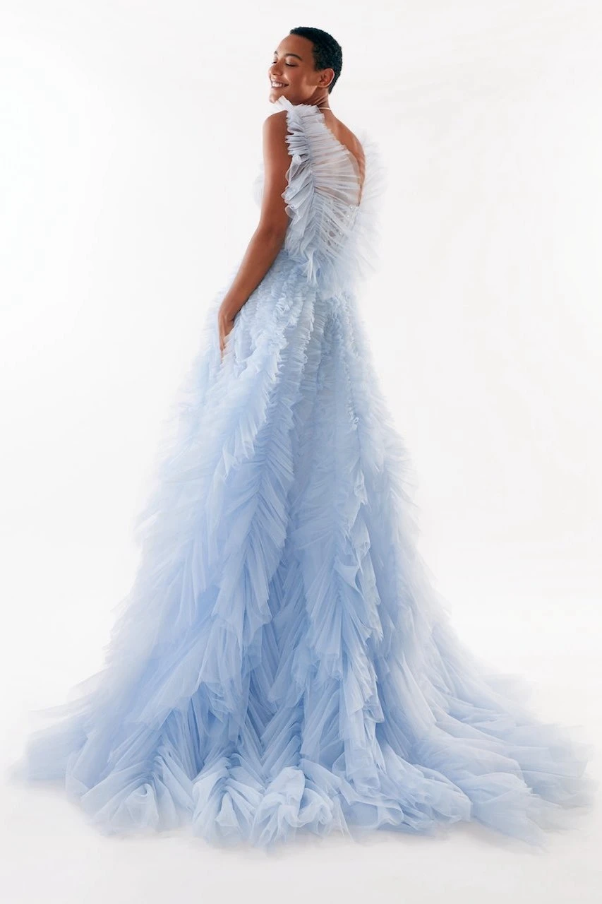 Robe longue bleue en Tulle pour bébé, tenue de bal, à volants, avec traîne, Photo réelle