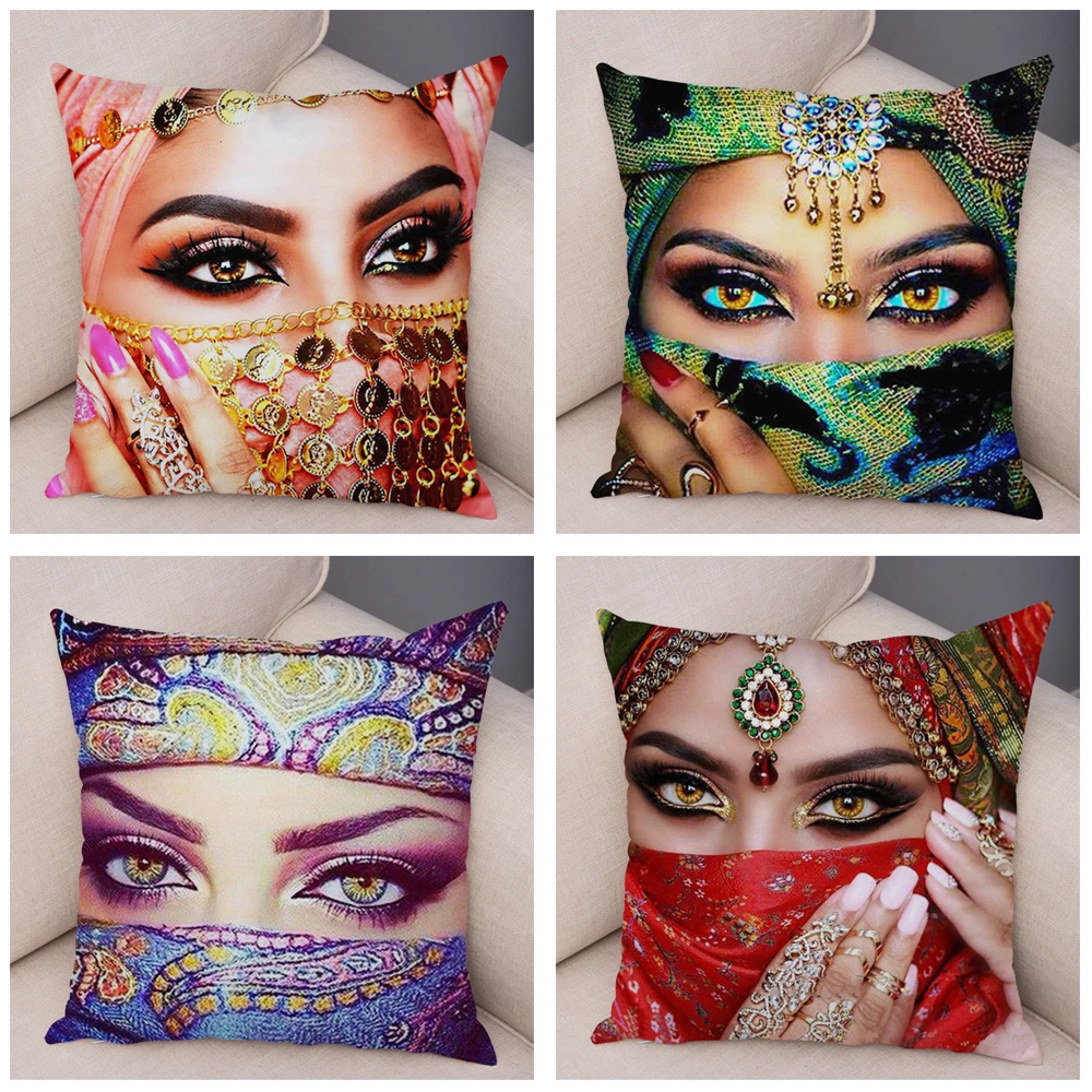 Beautiful Lady Pillow Case Decor Colorful Masked Woman Pillowcase Super Soft Plush Cushion Cover for Sofa Home Car 45x45cm