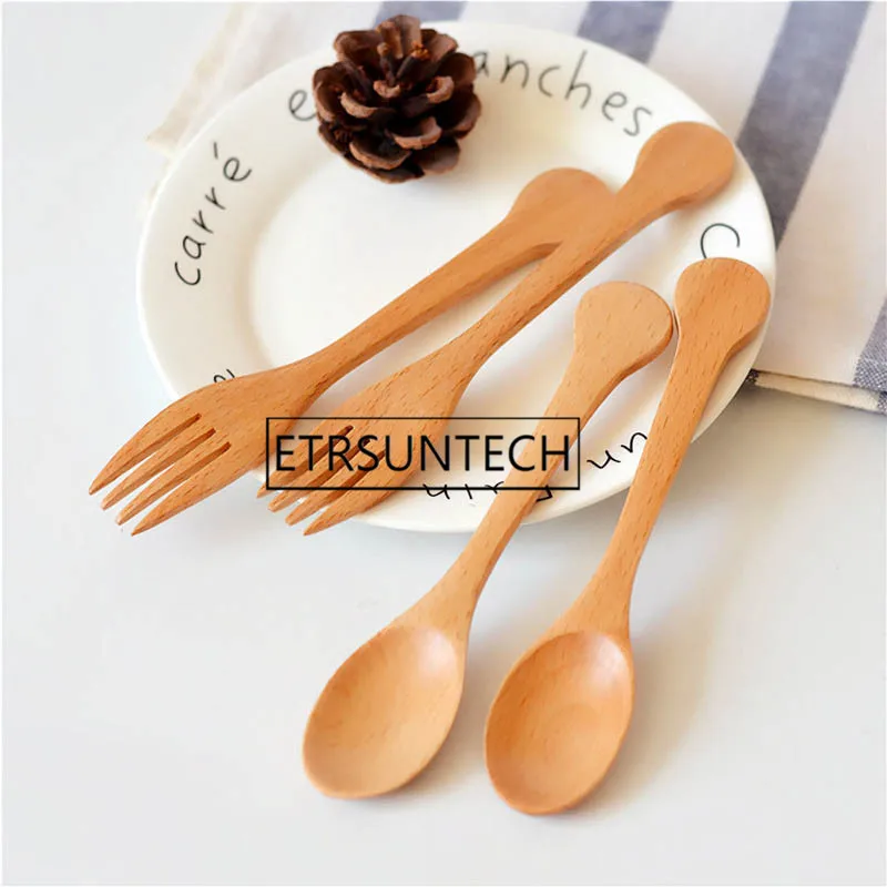 100pcs Round Handle Baby Spoon Fork Japanese Style Beech Wooden Spoon And Fork For Children Kids Gift