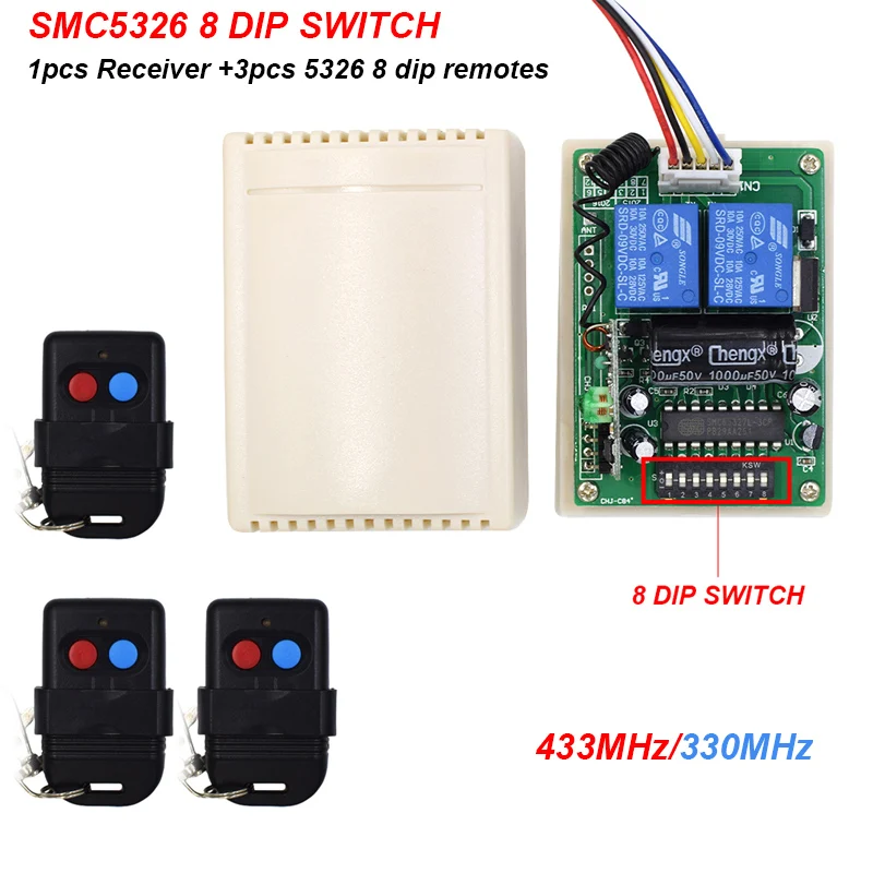 1 piece Garage Receiver SMC 5326 330mhz 433mhz 8 dip switch + 3 pieces Gate Remote Control Transmitter