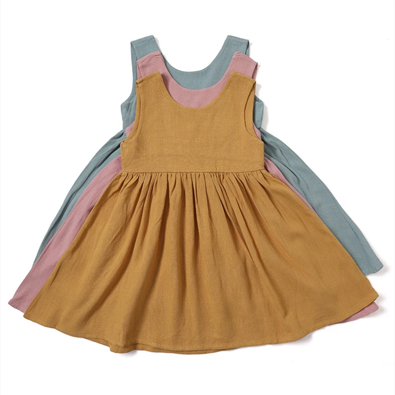 Summer New Children Dress Sleeveless Linen Children's Dress Solid Color Girls One-Piece Dress Casual Girls' Backless Dress Gift