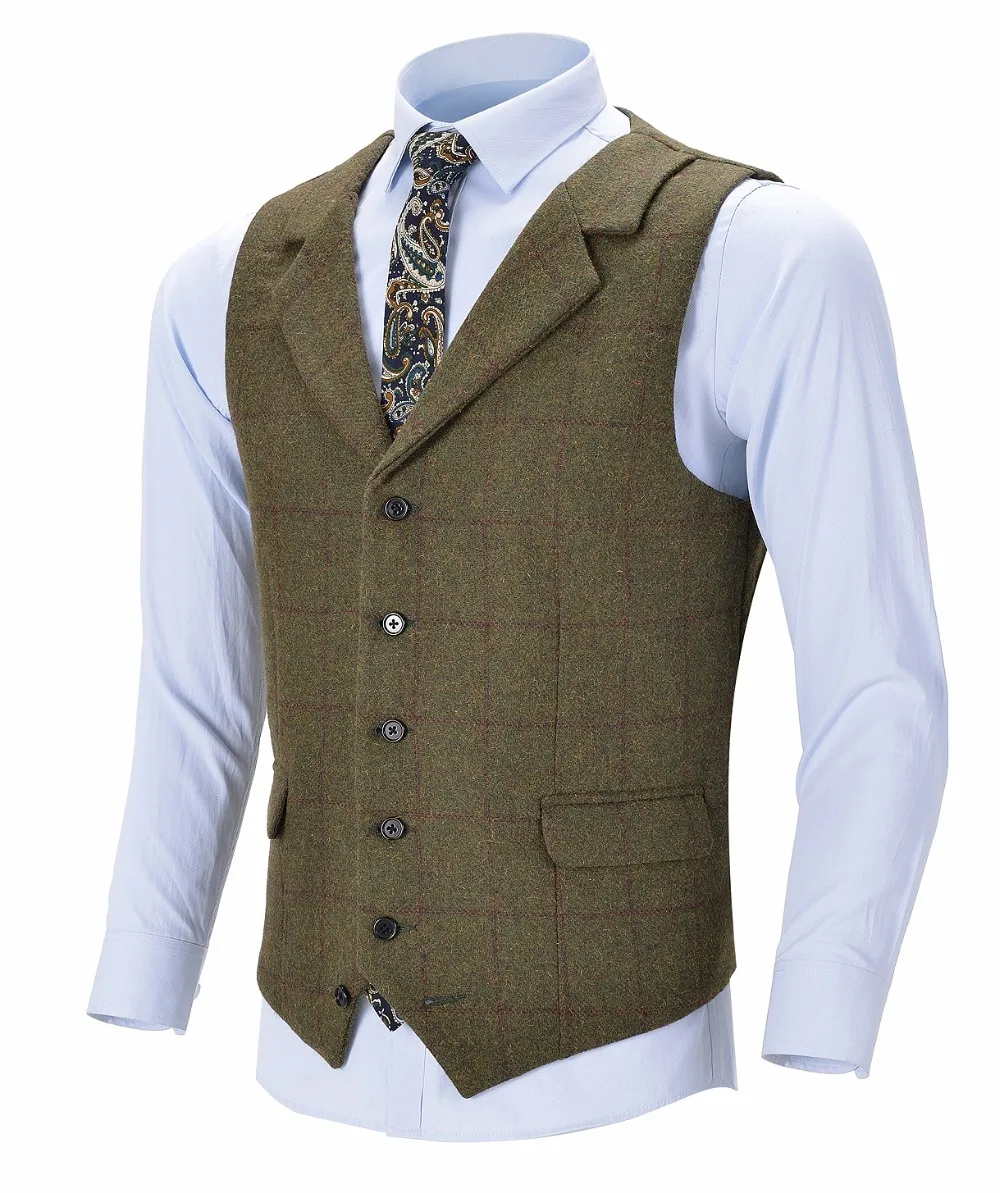 Colete de negócios masculino boutique lã xadrez fino ajuste único breasted algodão terno verde colete para casamento formal padrinhos