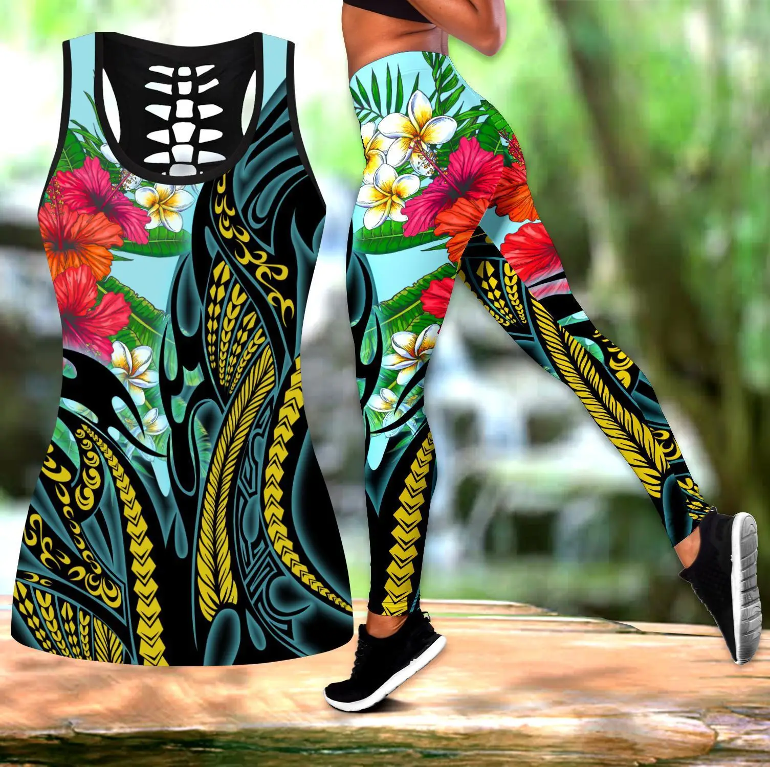 Polynesian Frangipani Flower 3D Printed Hollow Tank Top & Leggings Set Fitness Female Full Length Leggings Running Pants DDK77