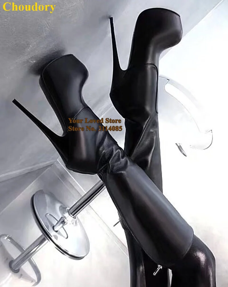 

Choudory Black Matte Leather 16cm High Heel Knee Boots Stiletto Heel Platform High Boots Sexy Fall Winter Back Zipper Dress Boot