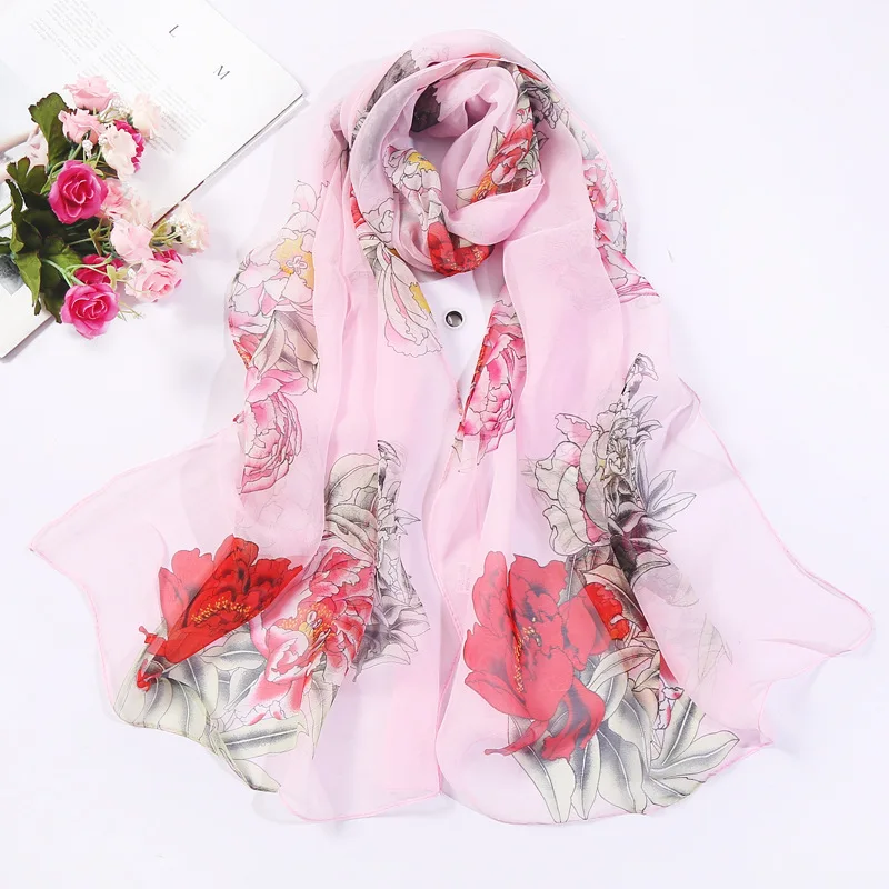 New Fashion Women Foulard Chiffon Georgette Scarf Silk Lily Rose Print Long Shawl Summer Bandana Elegant Hijab 50*160cm