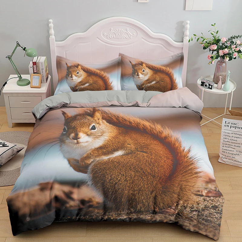 Cute Squirrel Bedding Set For Adult Kids Gift Single King Queen Size Quilt Duvet Cover Bedclothes 2/3pcs With Pillowcase