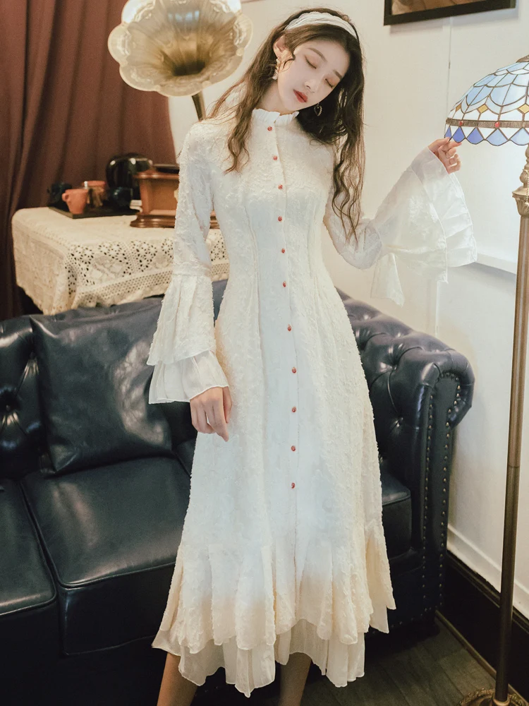 Robe d'automne pour filles, style rétro palais, manches évasées, taille haute, victorienne, kawaii, gothique, lolita op loli cos