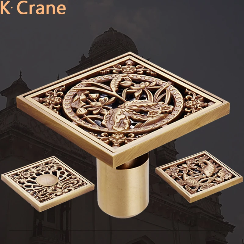 10*10CM Retro Gold Floor Drain Square Bathroom Copper Drain Smell Off Anti Block Waste Shower Water Filter Hole Stopper Cover