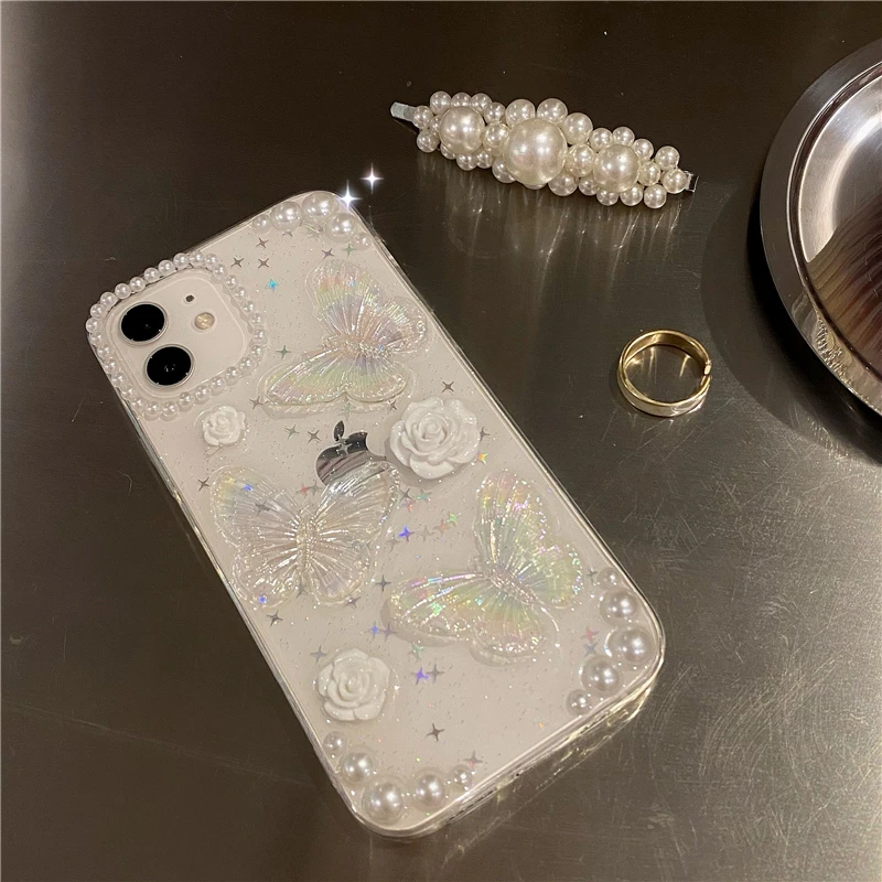 Qianliyao Cute 3D Bow Pearl Rose Phone Case For iPhone 15 14 13 12 11 Pro XS Max XR X 8 7 Plus Se Sequins Soft Shockproof Cover