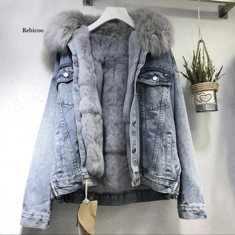 Women Denim Jacket Oversized Loose Fur Collar Plus Velvet Jean Parkas Women Winter Clothes Vintage Cotton Thick Warm Denim Coat