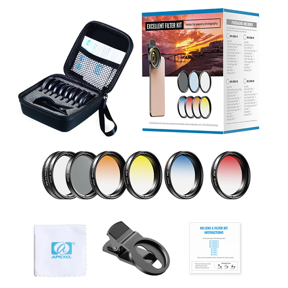 APEXEL 7 IN 1 กล้องโทรศัพท์มือถือชุดเลนส์ 37 มม.บัณฑิตสีแดงสีฟ้าตัวกรองสีเหลือง + CPL ND/Star ตัวกรองสำหรับ iPhone ซัมซุงมาร์ทโฟนทั้งหมด