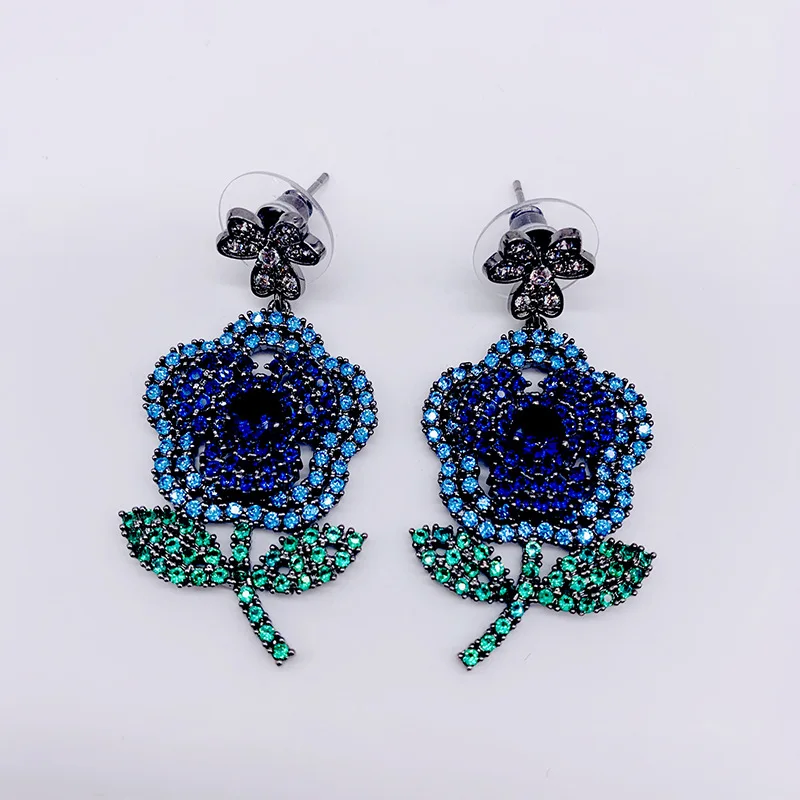 

EYER Micro Paved Cubic Zirconia Stones Rose Drop Earrings Blue Color Crystal Flower Earrings For Women Party Banquet Jewelry