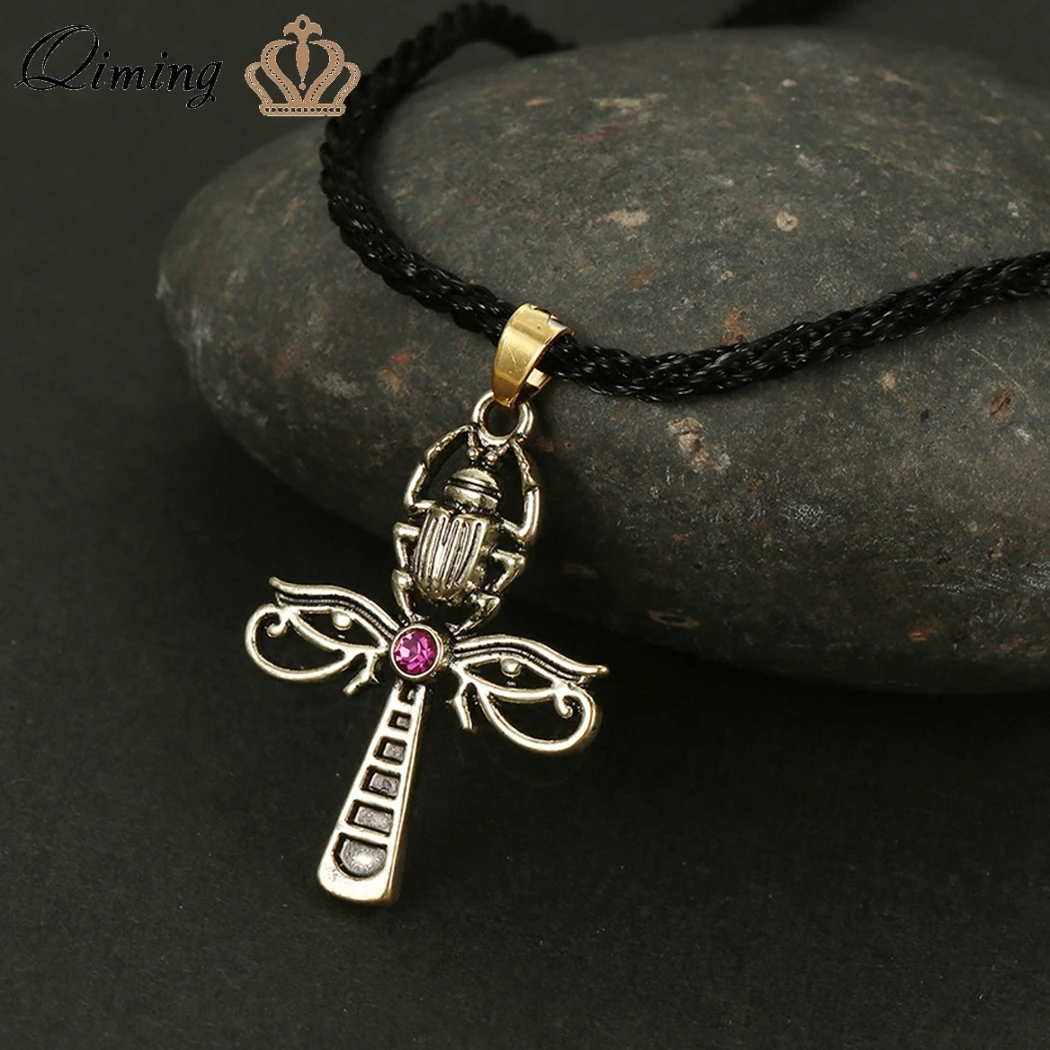 QIMING Egyptian Ankh Cross Pendant Necklace Women Men Horus Eye And Scarab Jewelry Women Men Neckalce Collars