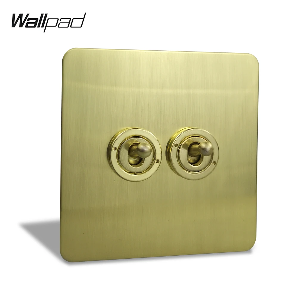 Wallpad H6 Satin Gold 2 Way Brushed Brass Color Stainless Steel Panel 2 Gang Toggle Switch Electric Light Switch