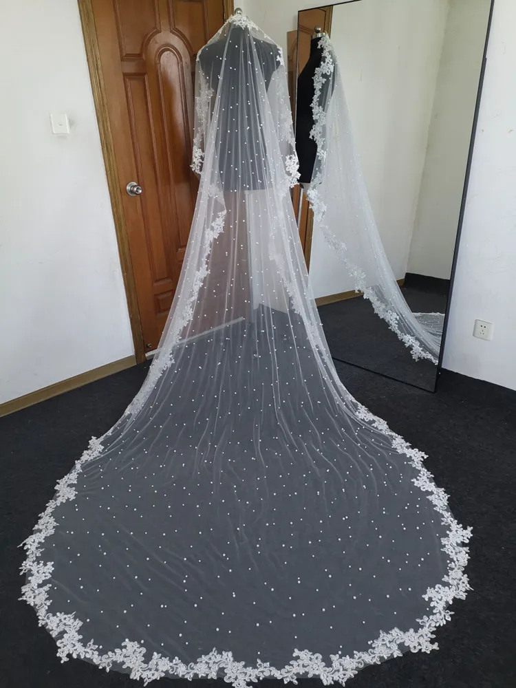 Echte Foto Wit Ivoor Bruiloft Sluier Lange Kanten Sluier Een Laag Kathedraal Royal Pearl Bridal Veils Bruiloft Accessoires