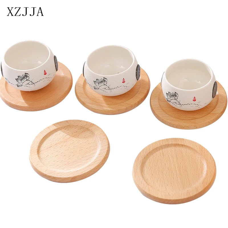 XZJJA 9*9CM Round Tableware Small Wooden Plate Kitchen Dessert Saucer Solid Wood Snack Tray Home Trinket Dishes Cup Cushion