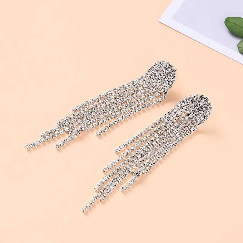 New The Europe and The United States Beam Long Tassel Earrings with Shiny Rhinestone Earrings Fashion Women Ear Jewelry LL@17