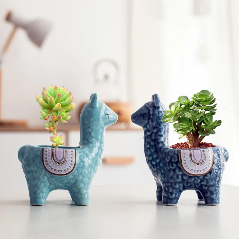 Ceramic Alpaca Flower Pot European Style Cute Fleshy Nordic Home Decoration Cartoon Animal Plant Macetas Balcony Decorations New