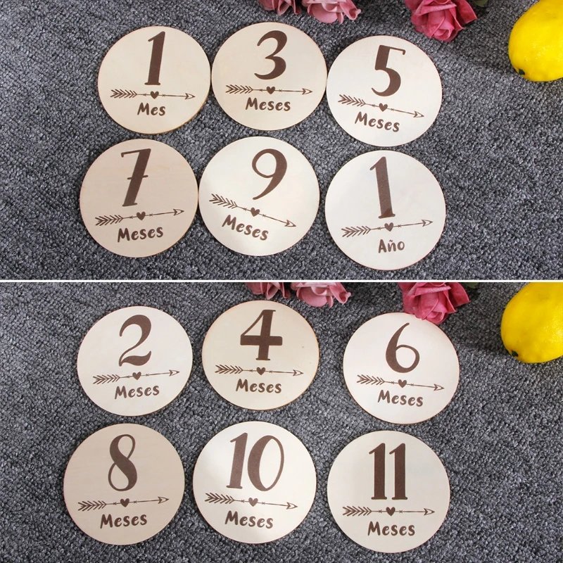 6 PCs Wooden Spanish Letters Baby Milestone Cards Newborn Birth Monthly Recording Photo Cards Kids Growth Album Souvenir Props