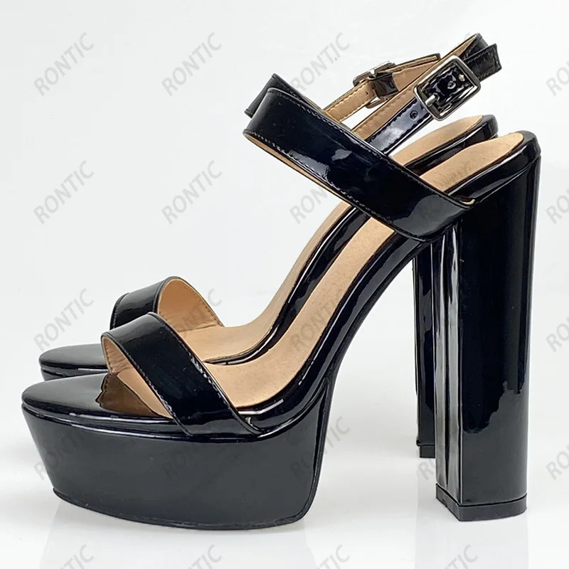 Rontic Handmade Women Platform Sandals Unisex Patent Leather Block Heels Open Toe Pretty Gun Color Party Shoes US Size 5-20