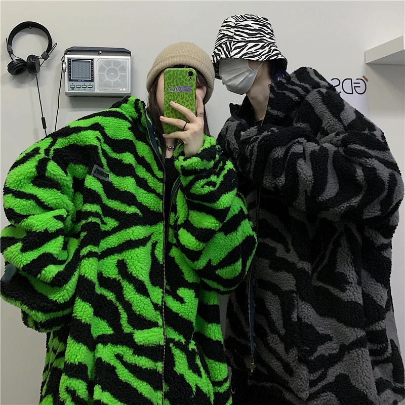 2024 New Winter Streetwear Zebra Pattern Lamb Woolen Thicken Warm Zipper Hooded Padded Coats Women Men Harajuku Loose Outwear