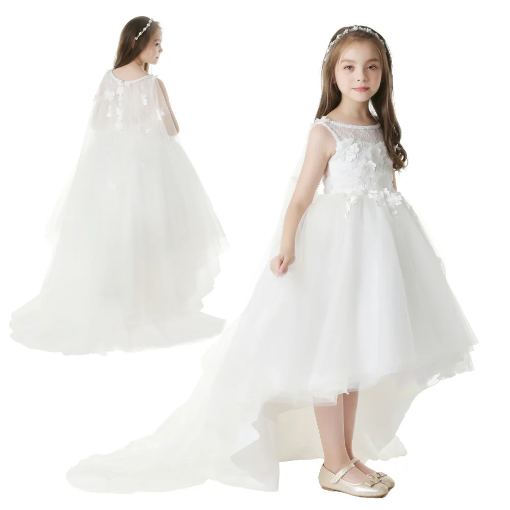 2020 New Kids Dresses Girl Elegant Long Prom White Embroidery Tulle Gowns Children Graduation Dresses